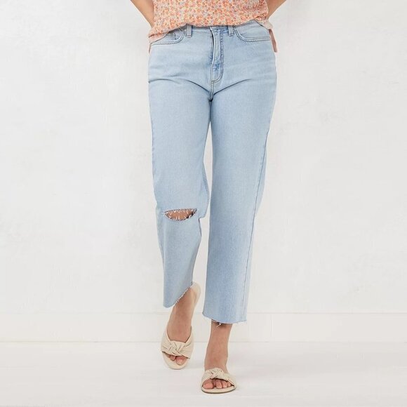 LC Lauren Conrad High Rise Distressed Light Wash Crop Straight Jeans Sz 14 New - Picture 10 of 10